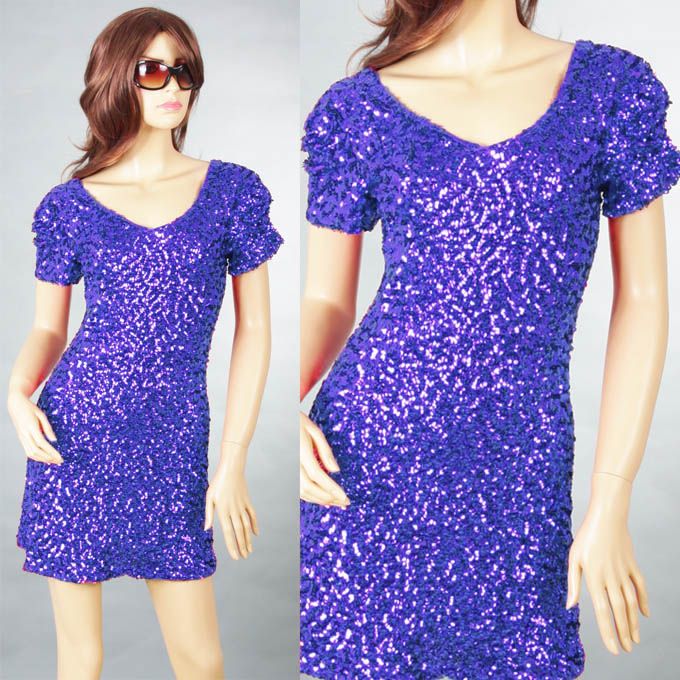 Hot Ladies Evening Cocktail Party V Neck Bling Sequin Dance Club Dress