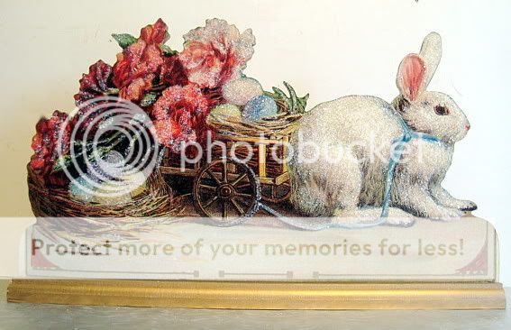 WHITE Bunny w/ CARNATION Wagon   EASTER Decoration   Vintage Postcard 